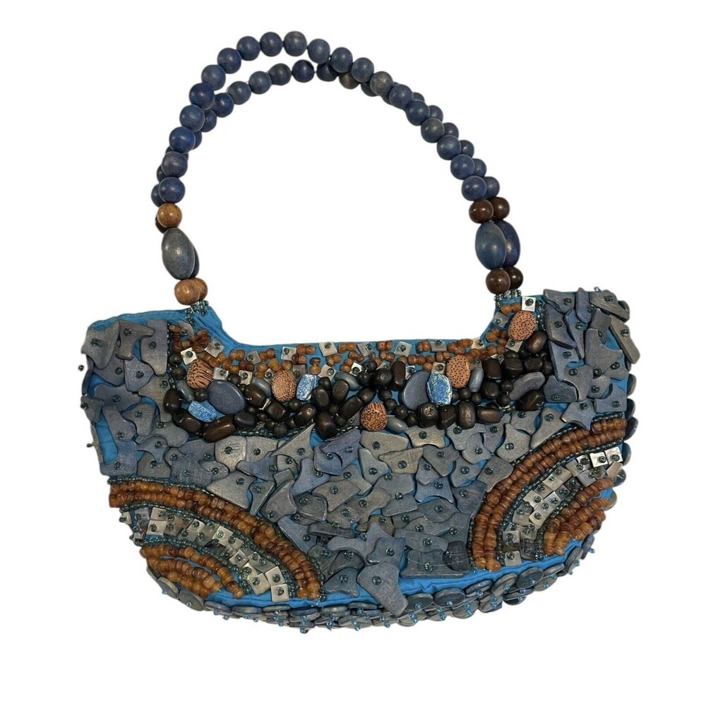 Cebu Signature Collection Beaded Art Purse Turquoise Brown Wooden Beaded Style